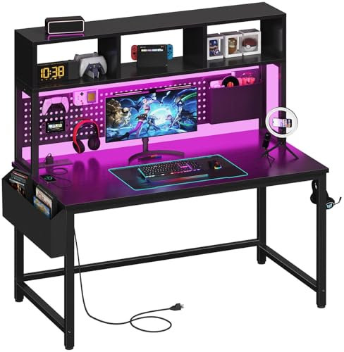 DLisiting Black Gaming Desk with Hutch and Pegboard - 47 Inch Gaming Desk with Shelves Storage Power Outlets, Computer Teen Work Study Writing Desks for Bedroom Home Office