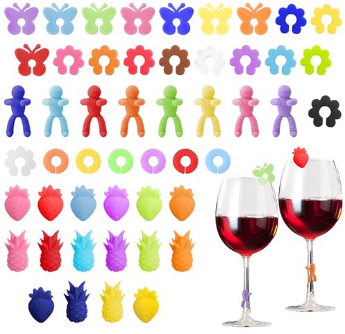 APOMOONS 50PCS Drink Markers, Silicone Wine Marker, Reusable Wine Glass Identifiers Charms for Party Champagne Flutes Cocktails Martinis Flower Pattern Decorations