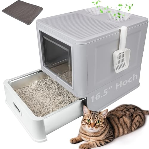 GOYJOY Geschlossene Edelstahl Katzenklo, Große Faltbare Katzentoilette mit Deckel, Überdachte Edelstahl-Katzentoilette, Einfache Reinigung, Kein Urinaustritt, Vertiefte Wanne, Mit Katzenstreumatte