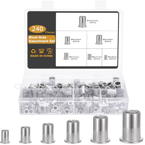 Gueenky 240 Pièces Écrou à Rivet Assortiment, M3 M4 M5 M6 M8 M10 Écrous à Riveter Fileter en Acier inoxydable 304, 6 Tailles Écrou à Rivet Fileté à Tête Plate Rivet Inserts Filetés