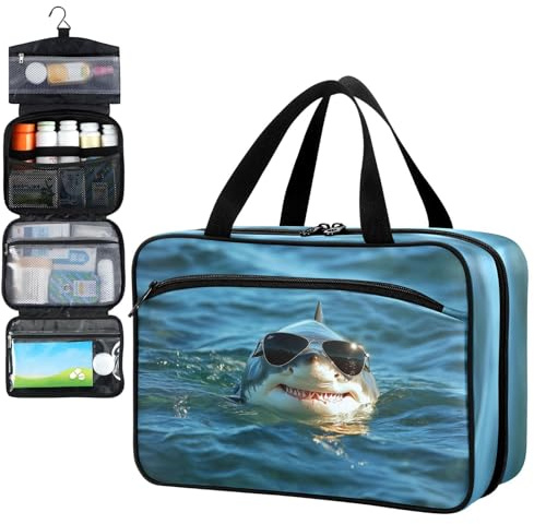 Fustylead Lustiger Hai im Wasser trägt Sonnenbrille Pillen-Organizer, große Medizin-Reise-Tragetasche mit Reißverschluss für Vitaminergänzungen, Fischöl, leeres Erste-Hilfe-Set für Wandern, Camping