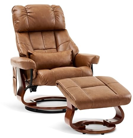 M MCombo Relaxsessel mit Hocker, Drehbare Fernsehsessel mit Liegefunktion, Moderner TV-Sessel Stuhl für Wohnzimmer, mit Kissen & Seitentasche, 9066SD (Braun, Kunstleder)