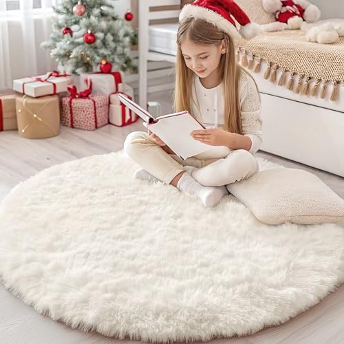 Homaxy Hochflor Waschbar Klein Teppich Wohnzimmer 120 cm Rund, Creme | Anti-Rutsch Unterseite Teppiche, Flauschig Teppich fürs Kinderzimmer, Schlafzimmer