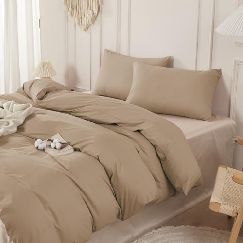 SAPHREAS Khaki Color Duvet Cover Set 100% Washed Cotton Double Size 3Pcs 8 Corner Ties Modern Solid Bedding Soft 1 Duvet Cover with Zipper 2 Pillow Shams, Comforter Not Included