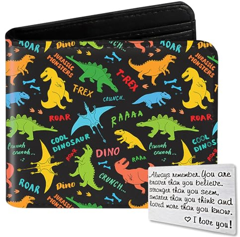 Qoibraze Kids Wallet for Boys Teen, Funny Bifold Leather Purse Age 6-8 9-12 12-14, Cool Boy Wallet for Kids, Small Wallets with Coin Pocket for Childrens Birthday Christmas Gifts (Dinosaur-Cool)