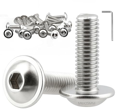 M6 Schrauben Silber 25 Stück, Flachkopfschrauben M6x25mm, Linsenkopfschrauben Edelstahl, Edelstahlschrauben ISO 7380-2 mit Innensechskantschlüsseln, Schrauben A2 V2A Vollgewinde
