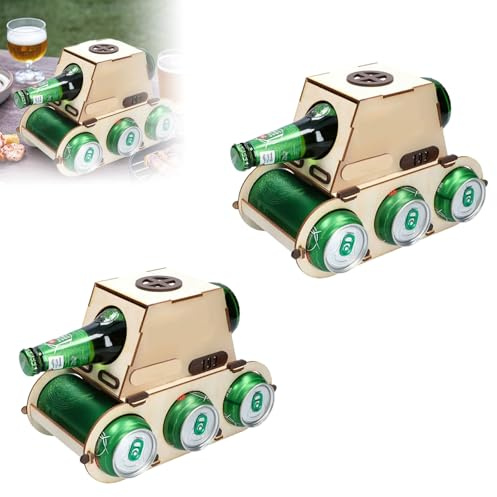 Personalisierbarer Flaschenträger im Holztank-Design, für 4 Flaschen oder Dosen, perfekt für Hausbar und Küche, kompaktes Design 26,5 x 14,5 x 19,5 cm, 2 Stück