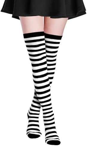 Alaoo Calzini al Ginocchio, Calze Donna Sopra il Ginocchio, Calzini Gambaletti di Coscia Retro Casual Socks, Comodo e versatile, Adatto per sport, cosplay e uso quotidiano(Nero e Bianco)