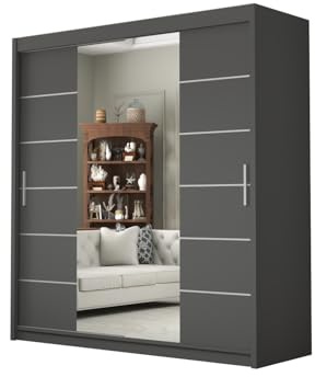 DELUXEWARE 2&3 Doors Sliding Door Wardrobe with Matt Finish – Bedroom Wardrobe with Full Length Mirror, Hanging Rail & Shelves | Strong MDF Storage Cabinet for Bedroom Furniture. (Gray, 180cm)