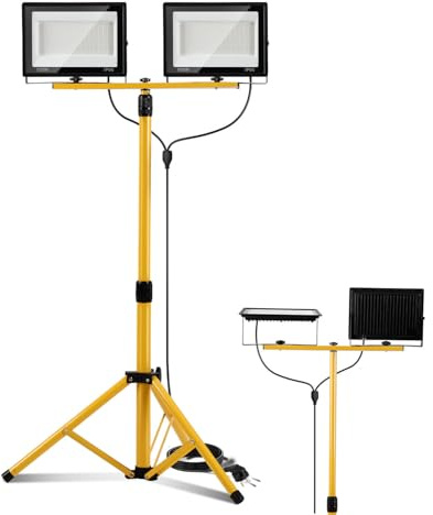Hebitod Projecteur de chantier LED - 2 x 100 W - Avec trépied et prise de câble de 3 m - Direction réglable - 6500 K - Blanc froid - IP66 - Pour l'intérieur et l'extérieur - Pour chantier, cave