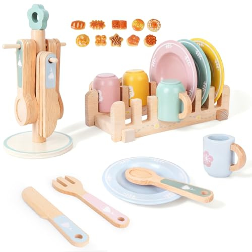Cuisine Enfant en Bois, 32 Pièces - Vaisselle Enfant (Tasses et Assiettes Comprises), Jouets éducatifs pour Enfants à Partir de 3 Ans