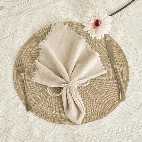 BALCONY & FALCON Cloth Napkins 100% Cotton with Fringed Handmade Square Rustic Style Washable Napkins 6 Pack Beige 50 x 50 cm for Easter Thanksgiving Christmas Weddings Parties Banquets