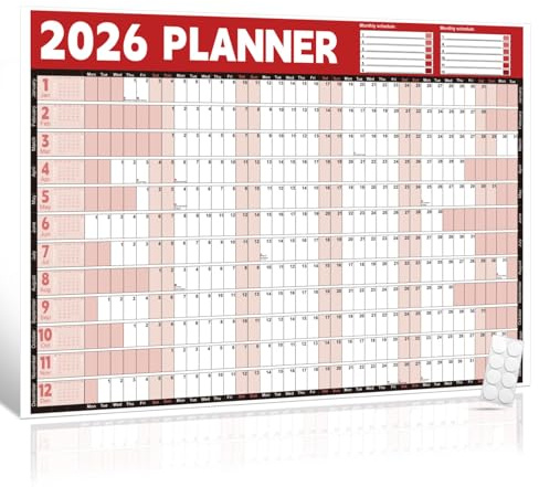 2026 Wall Planner Calendar A1 (84.1x59.4cm) – Large Laminated Year Planner with Stickers, for Office Home School Academic & Business Planning, Red/White, Weekend Highlight