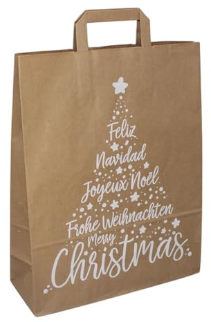 VEPATIM 50 Papiertragetaschen aus Kraftpapier 320+120x400mm Motiv Christmas weiß braun 80 gr.