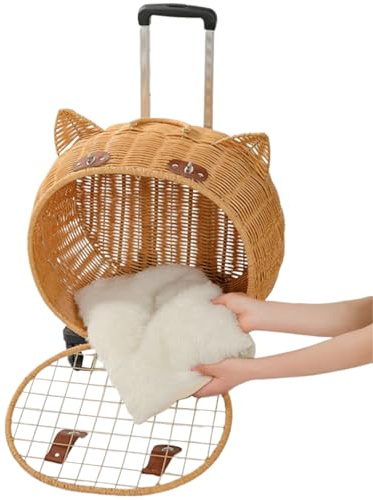 Haustierbuggy Teleskopgriff atmungsaktiver Wagen Welpen Kätzchen | Rattan Hundebuggy Katzentrage mit Rädern Kaninchenbeförderung für Spaziergänge, Picknick,