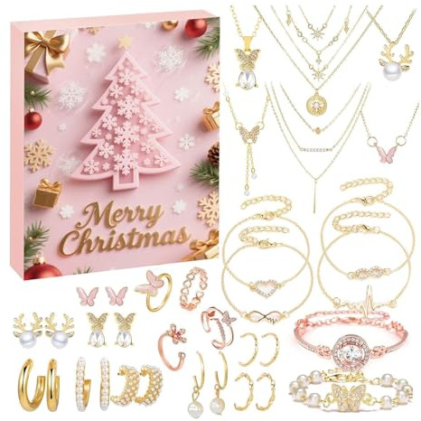 Lpoppcx Calendario de Adviento de joyería 2025 | 2025 Regalos de fiesta de Navidad de 24 días - Juego de joyas para mujer, calendario de cuenta regresiva | Para adultos, novia, esposa, familia