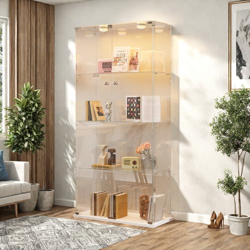 Lietre glasvitrinskåp, samlarvitrin med LED, glasvitrinskåp, stående 2 dörrar och lås (4 våningar) (vit-B)