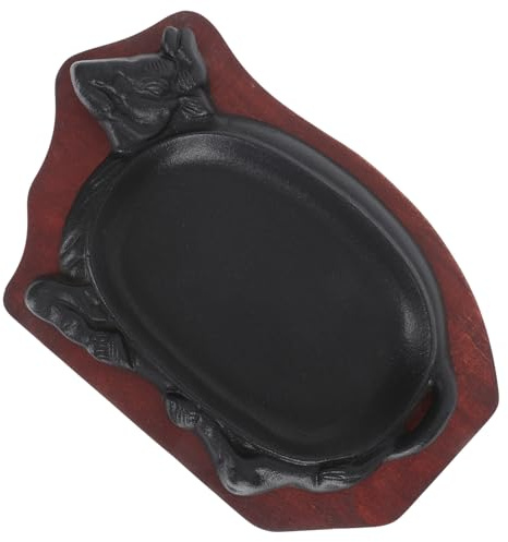 Veemoon Plaque Teppanyaki Antiadhésive en Fonte 21X14 CM Plateau en Bois Rouge – Assiette de Grillades à Steak pour Cuisson et Service à Table – Plat de Steak Polyvalent pour Barbecue et