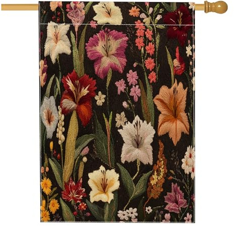 Drapeau de maison fleurie de glaïeul printanier 71,1 x 101,6 cm double face pour décoration extérieure, motif floral tricoté sur le thème floral avant cour, drapeau de maison, motif vintage amusant