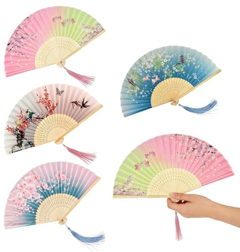 KEORHEZ 4 Pcs Handfächer Fächer Faltbare, Taschenfächer Bambus mit Quasten, Bambusfächer Chinesischen Stil aus Stoff, für eine Abkühlung im Sommer, Tanz, Hochzeiten, Partys und Als Dekoration