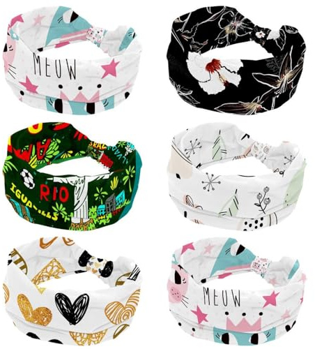 Lot de 6 bandeaux larges pour femme - Turban antidérapant - Motif cactus, gribouillages - Élastiques - Pour yoga, sueur, sport, entraînement