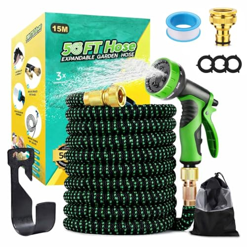 15m/50FT Expandable Garden Hose, Flexible Expanding Water Hose with 10-Pattern Spray Nozzle, 4-Layer Latex Core, 3750D Heavy Duty Fabric, Leak-Proof 3/4 & 1/2 Connectors, für Gärten, Terrasse