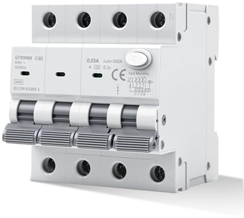 Jadeshay Fehlerstromschutzschalter Typ A Fi Schutzschalter 40A 30MA 3P+N Fi Schalter RCBO 6KA MCB Leitungsschutzschalter AC 400V mit Fehlerstromschutz, Überlast- und Kurzschlussschutz