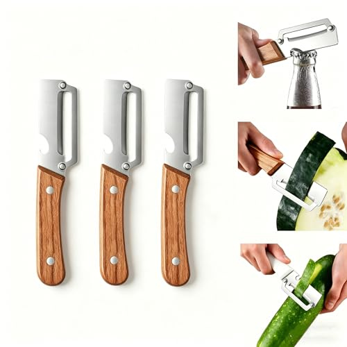 Multifunctional Vegetable Peeler with Wooden Handle, Stainless Steel Blade Kitchen Peeler, Ergonomic Fruit & Potato Peeler with Bottle Opener, Zero Snag Kitchen Tool for Carrot,Zucchini (1 Pie (3-PCS)