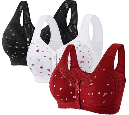 3 Pcs Front Fastening Bras for Women UK Soft & Comfortable Cotton Bra Wireless Snap Closing Ladies Bras Plus Size Front Clasp Wireless Cotton Vest Bra for The Elderly Everyday Zero Feel Bralettes