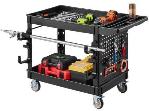VEVOR Chariot d'Atelier Max. 250 kg Chariot de Service avec Panneau Perforé, 2 Niveaux, en PP, 2 Roues Fixes et 2 Roulettes Pivotantes avec Freins, Plateaux de Rangement, pour Garage et Entrepôt, Noir