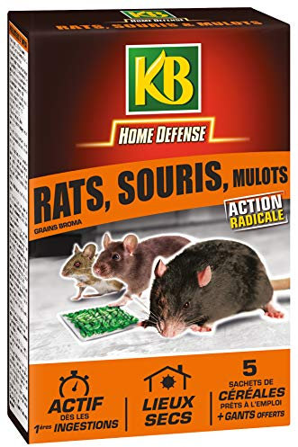 KB HOME DEFENSE RASMUC - Céréales Anti-Rats, Souris et Mulots 125 g - Action radicale et attractif - Actif dès la 1ère ingestion - Spécial lieux secs - 5 sachets de céréales de 25g -Fabriqué en France