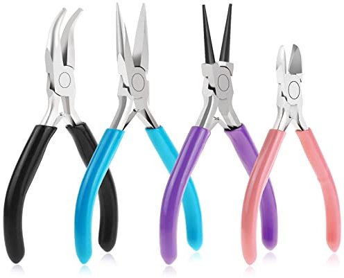 Anezus 4Pcs Jewelry Pliers Tool Set Includes Needle Nose Pliers, Round Nose Pliers, Wire Cutters and Bent Nose Pliers for Jewelry Beading Repair Making Supplies