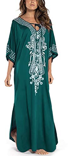 YouKD Broderad och blommig sommarklänning med lös passform i bomull, kaftan och bohemisk stil, strandklänning, bikini-överdrag i stor storlek, för kvinnor