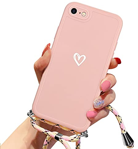 Lafunda Handykette für iPhone 7/8/iPhone SE2020/SE2022 Hülle mit Band - Rosa | abnehmbare Handyhülle mit Kordel zum Umhängen,Silikon Schutzhülle mit Herzmuster für iPhone 7/8/iPhone SE2020/SE2022