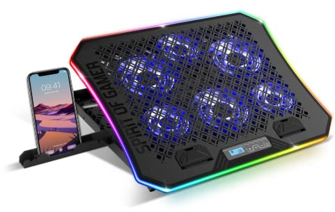 SPIRIT OF GAMER - AIRBLADE 1200 – RGB Belüfteter Laptop Kühlpad - 10'' bis 17'' - 6 Leise Beleuchtete Lüfter – Laptop Kühler – 6 ergonomisch einstallbare Höhen - Telefonhalter Enthalten