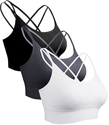 Sykooria Sport BH Damen Gepolstert Bustier Ohne Bügel - Spaghettiträger Cross Back Design Push Up Sport Bra Top für Yoga Fitness, Schwarz+Weiß+Dunkelgrau, M
