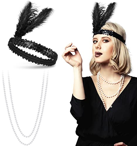 BBTO 1920er Jahre Accessoires Set 20er Halloween Kostüm Zubehör Flapper Feder Stirnband Künstlich Perlenkette für Frauen Damen Kostüm Verkleidung Party Zubehör