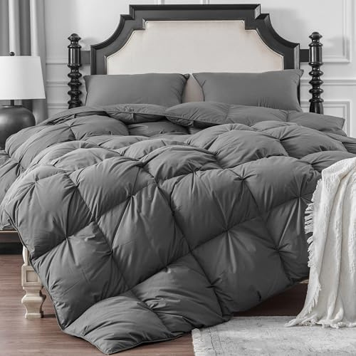 KAKABELL Pinch Pleat Goose Down Feathers Fiber Comforter Full/Queen Size All Season-Ultra Soft and Cozy Noiseless Duvet Insert with Egyptian Cotton Blend Cover,Fluffy Warm Comforter (Grey,90X90)