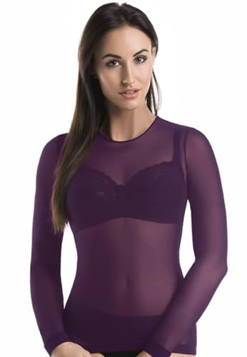 Teyli Blusa transparente manga larga con cuello redondo – top de malla femenino de diseño ligero y translúcido. Violeta L