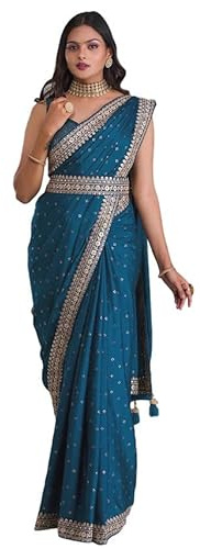 SIRIL Sari Chinon en mousseline de soie imprimée avec dentelle, pompon (ceinture) avec chemisier non cousu, bleu sarcelle, taille unique