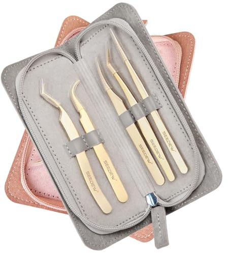 SEEDEW Set med franspincett, 5 guldpincett i rostfritt stål + 1 förvaringsväska, spetsig isolering pincett för ögonfransförlängning nybörjare ögonfrans teknologi skönhet ögonfrans nagelsalong perfekt