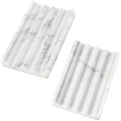 2PCS Koville Italian Natural Marble Soap Dish for Shower, Stone Soap Tray for Bathroom, Bar Soap Holder for Sink, Stripe Grooves Saver Keep Bars Dry Easy Clean (Bianco Carrara)