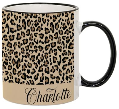 Getagift Personalised Cheetah Print Mug Custom Name, Leopard Print, Animal Print, Coloured Rim Coffee, Tea Mug. (Black Rim)