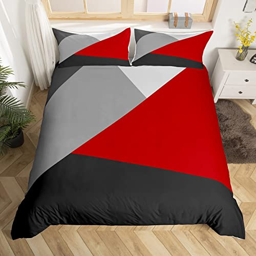Homewish Ensemble de Literie 220x240 Rouge Noir et Gris, Housse de Couette Géométrique en Patchwork pour Enfants Garçons Filles, Parure de Lit Imprimé Triangle Simple, Couvre-Lit Géométrique Moderne