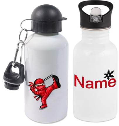 Maus-Design Trinkflasche personalisiert mit Name, Ninja | 400ml, 500ml oder 600ml, Schriftwahl für Name, Edelstahl oder Aluminium