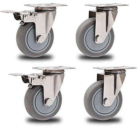 Lenkrolle aus robustem Gummi für Möbel, Lenkrollen für Trolleys, universelle Ersatzrolle, Transportrollen, Edelstahl 304, 4 Stück (Bremse + Universal 100 mm)
