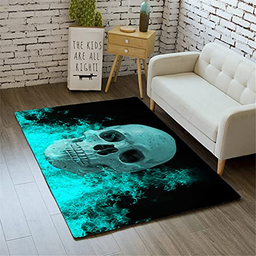 Morbuy Halloween Schädel Teppich Wohnzimmer Flanell Kurzflor Teppiches, Modernes Teppich Waschbar rutschfest Krabbelmatte für Kinderzimmer Schlafzimmer Dekoration (140x200cm,Grüne Flamme)