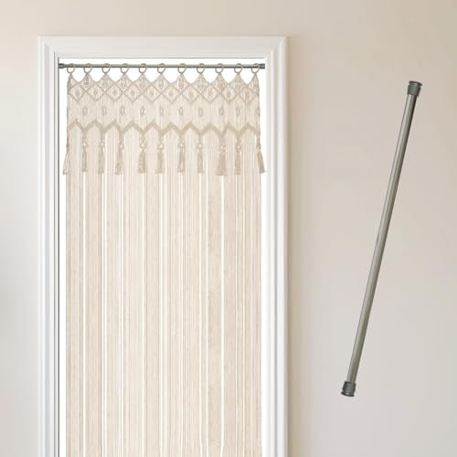 Cozyor Makramee Türvorhang 132x200cm + Klemmstange 70-120 cm ohne Bohren Türvorhang Fenstervorhang Raumtrenner, Wandbehang & Deko beige Silber, Hochzeit, Balkon Handmade