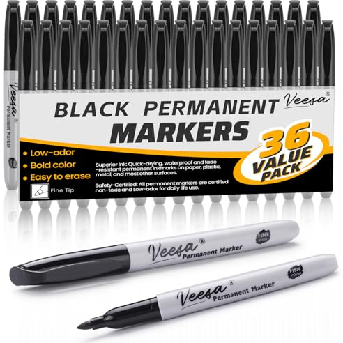 VEESA Permanent Markers Fine Tip, 36 Pack Black Markers for Office