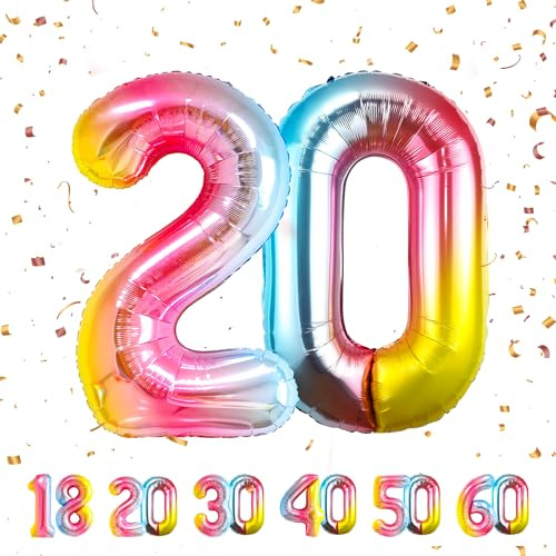 20 Geburtstag Deko zahlen luftballon 20 jahre | Folienballon Regenbogen - für 20. Geburtstagsdeko Männer Frauen Ballon Zahl Deko zum Geburtstag fliegt mit Helium 20.Geburtstagsparty 40-101cm